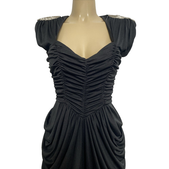 Climax Karen Okada Black Jumpsuit V Neck Draped Embellished Vintage Ruched XS - Picture 4 of 9